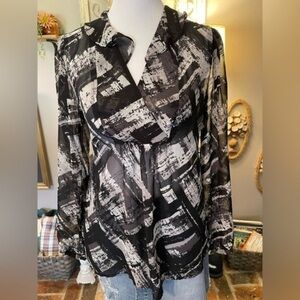 A.n.a. Sheer Chiffon Long Sleeve Empire Waist Blouse in Black & White